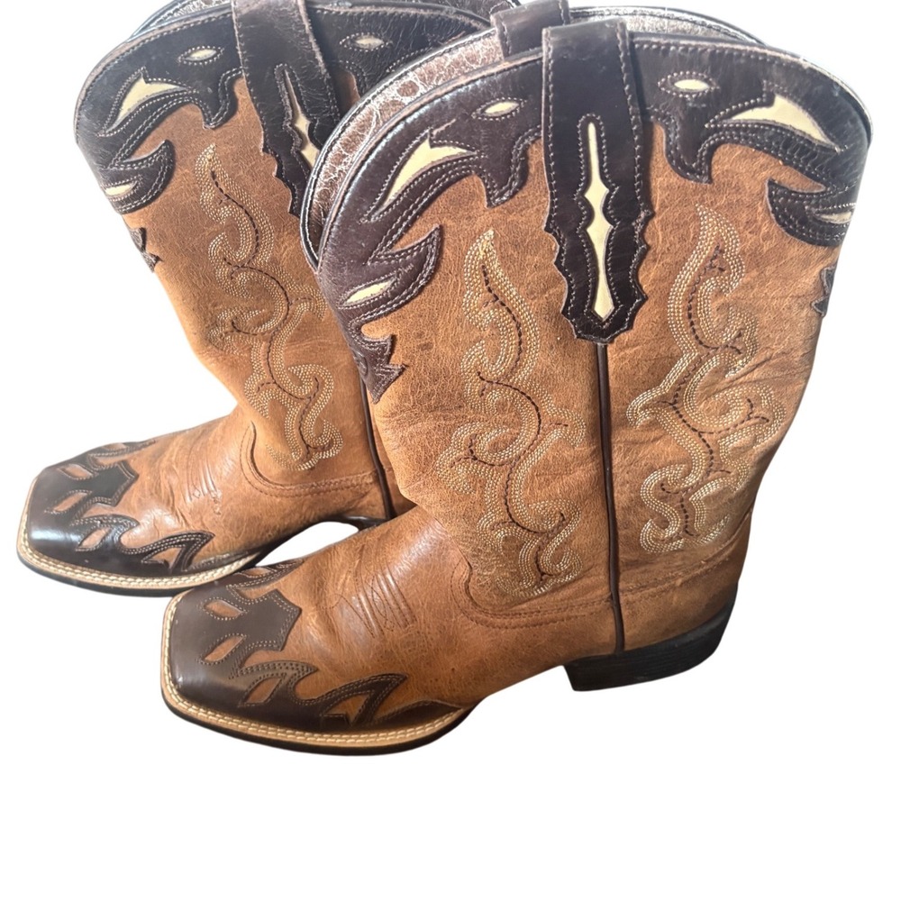 Ariat Brown Leather Square Toe Western Cowboy Boots Flame Overlay Stitching - Picture 1 of 9